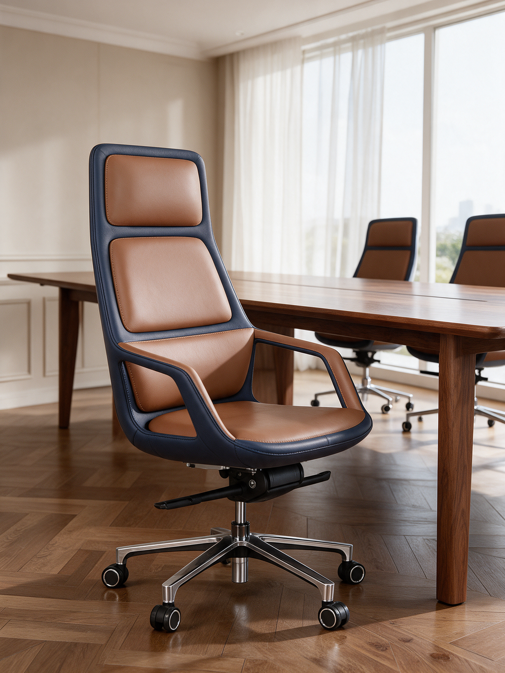 NIORA Prime High Back board room chair in a premium boardroom in daylight