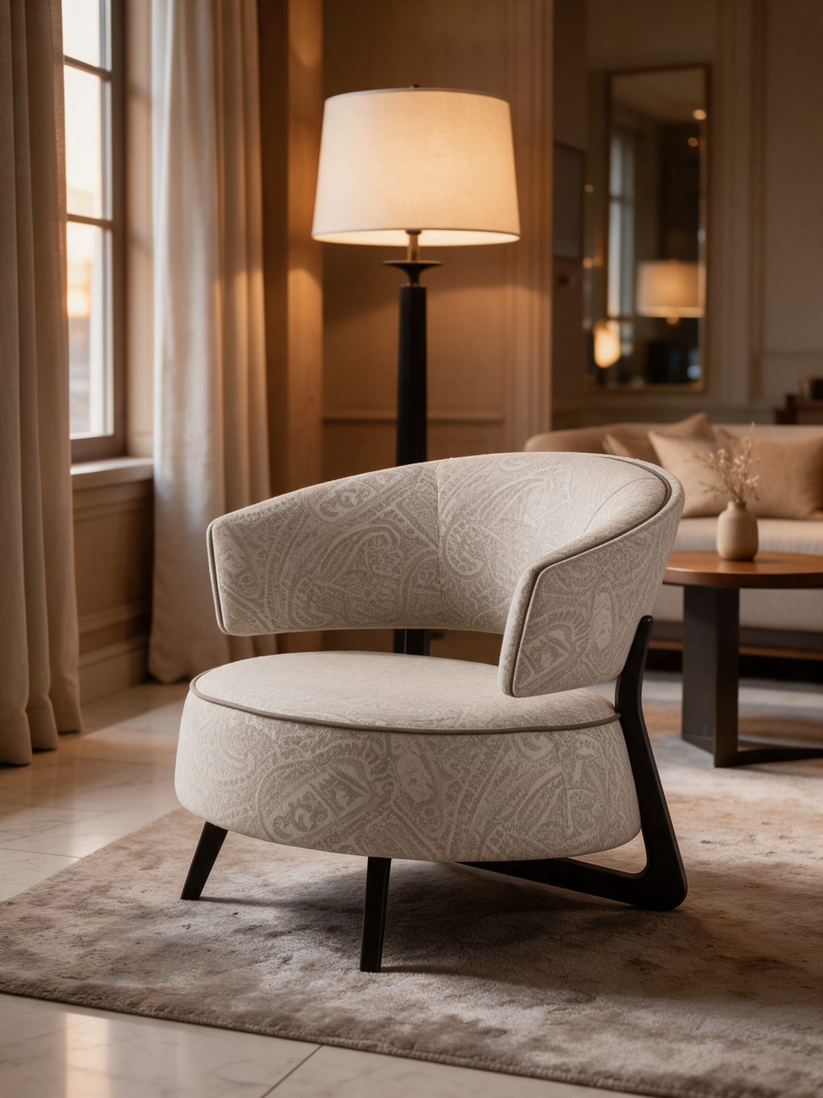 NIORA Oaklyn lounge chair in a hotel lobby in warm evening light