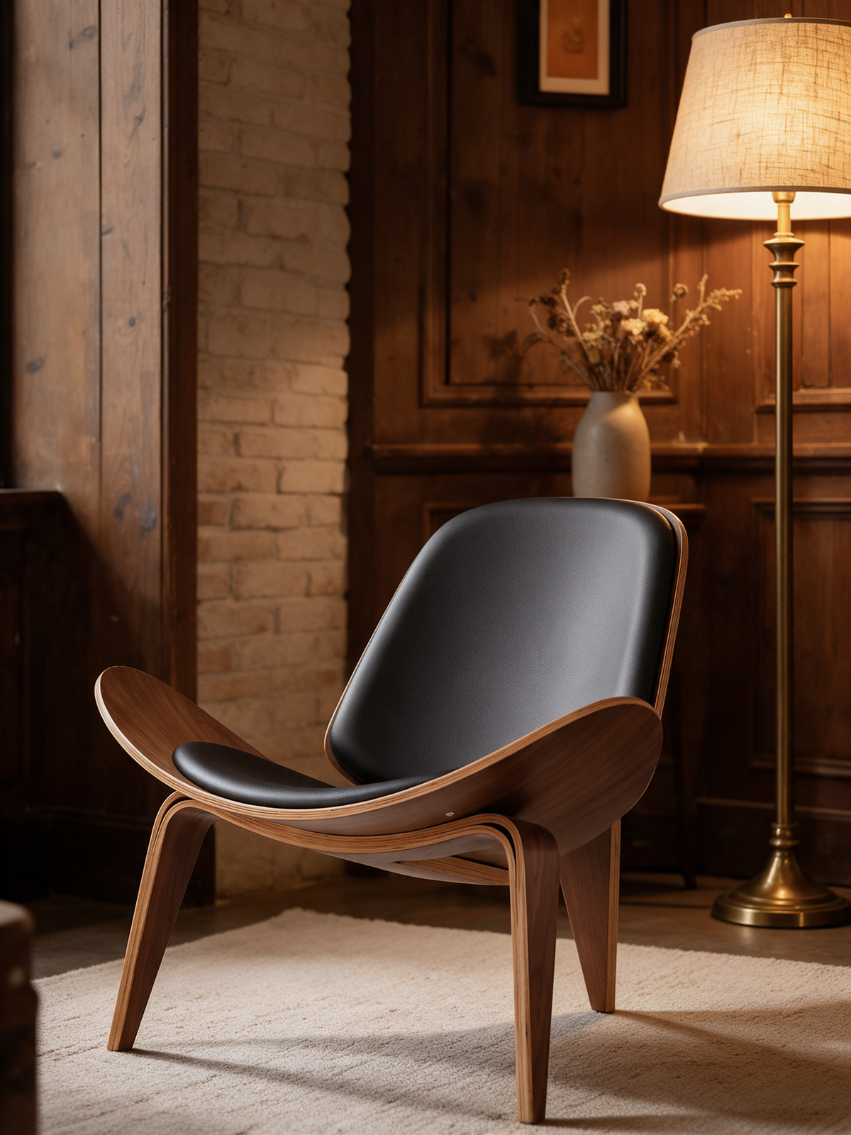 NIORA Walnut lounge chair in a hotel lobby in warm evening light