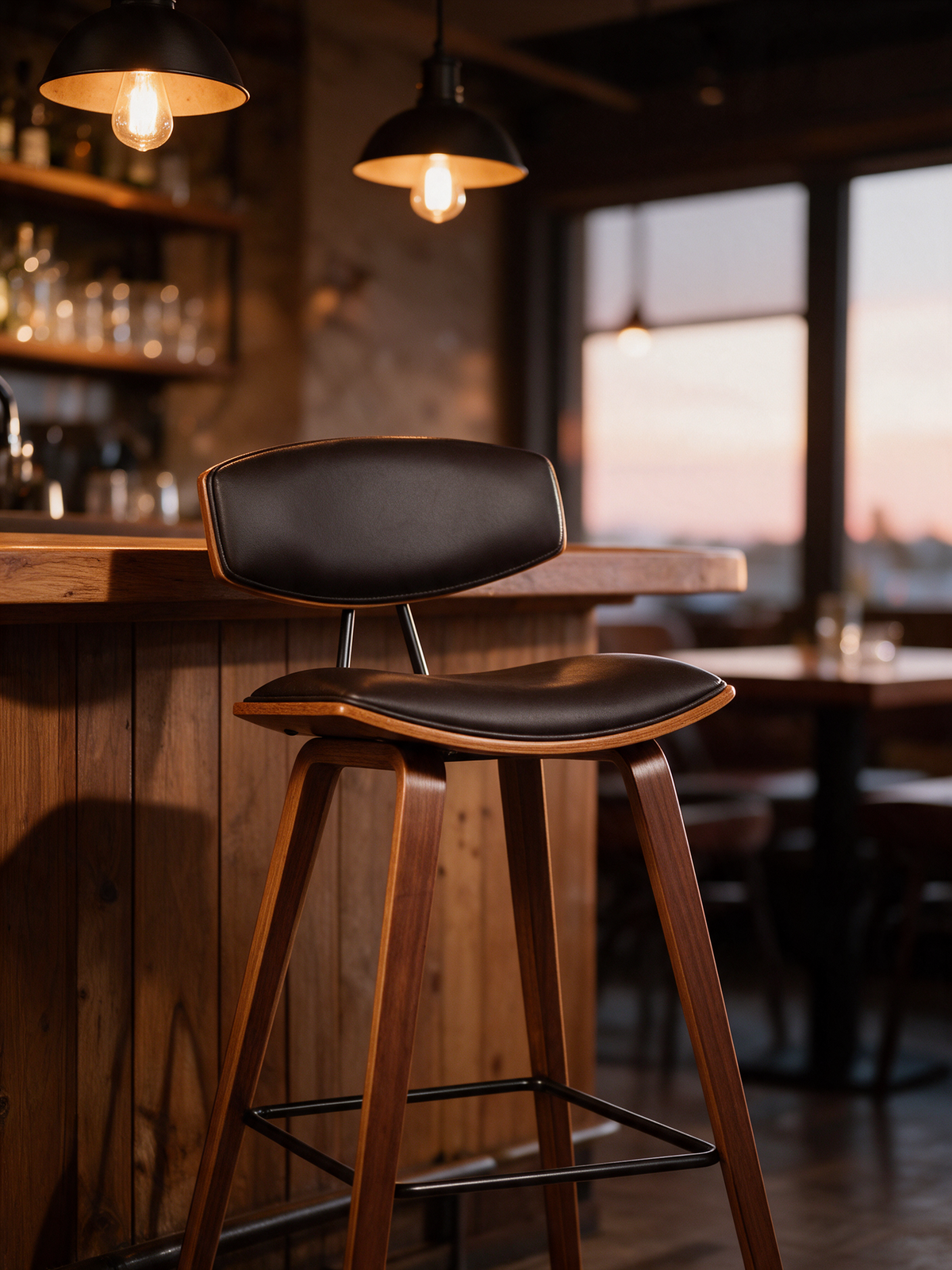 NIORA Highline high chair at a bistro counter in warm evening light