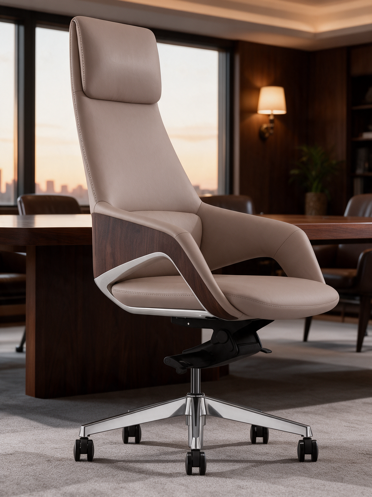 NIORA Summit High Back board room chair in a premium boardroom in warm evening light