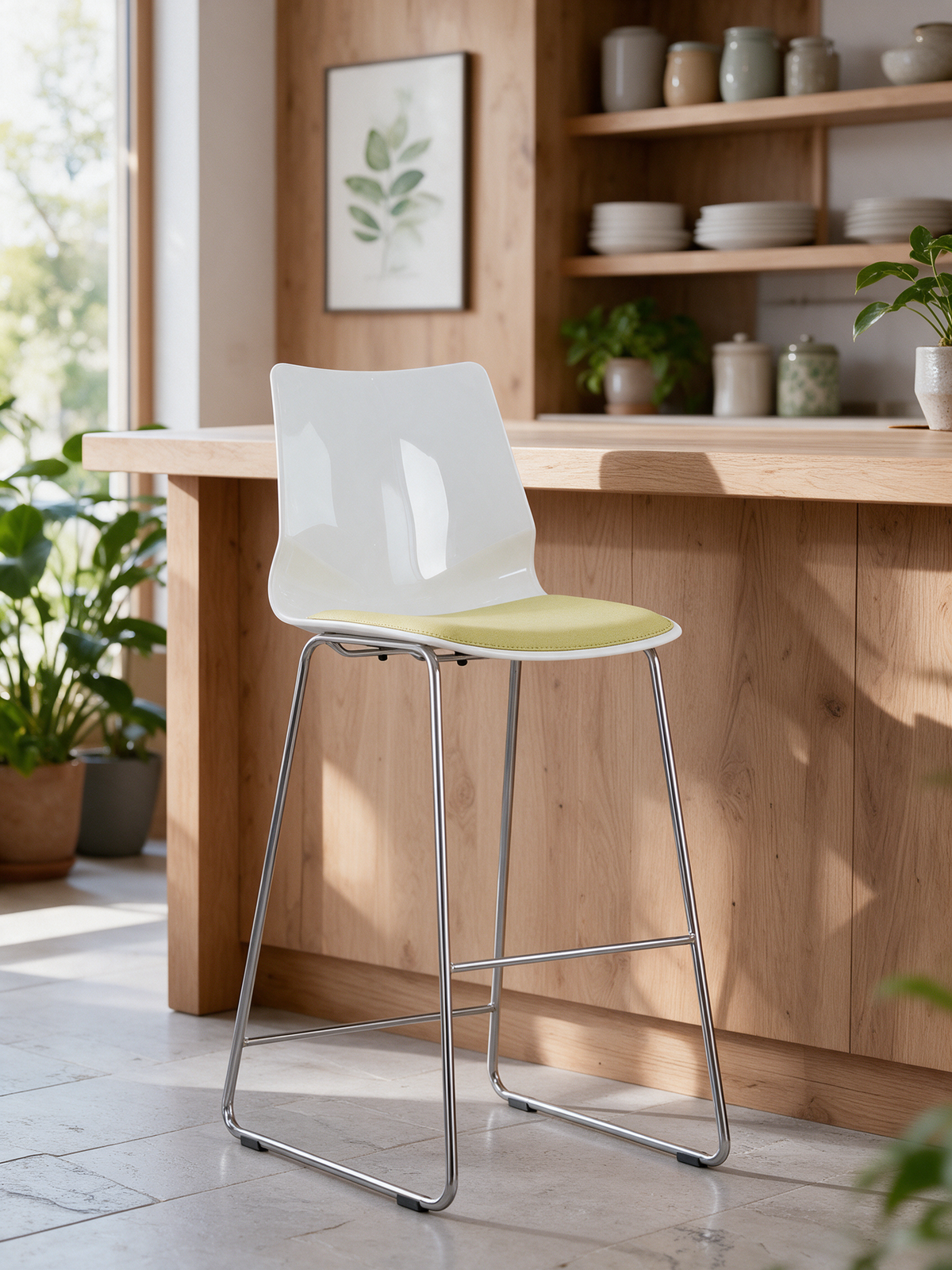 NIORA Arrow High high chair at a modern bistro counter in daylight