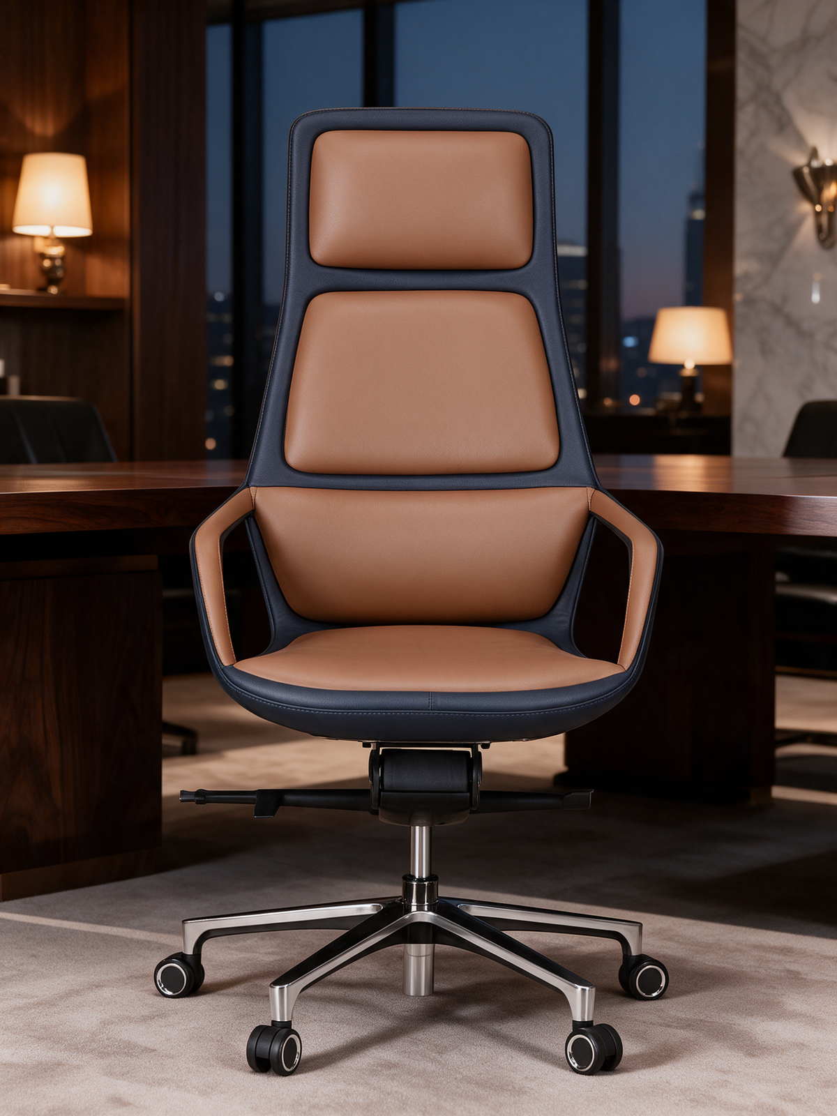 NIORA Prime High Back board room chair in a premium boardroom in warm evening light