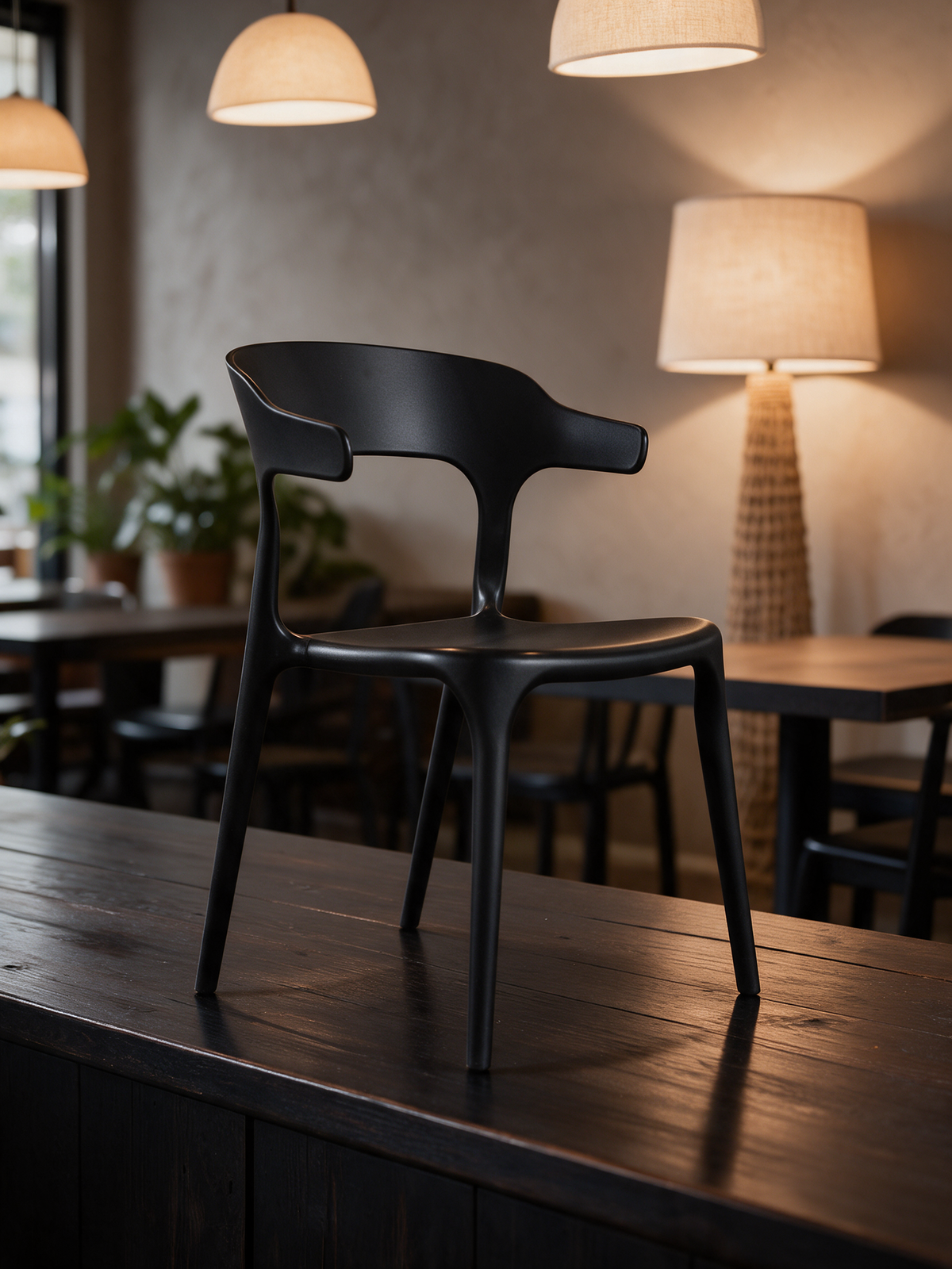 NIORA Boho cafe chair in a modern cafe in warm evening light
