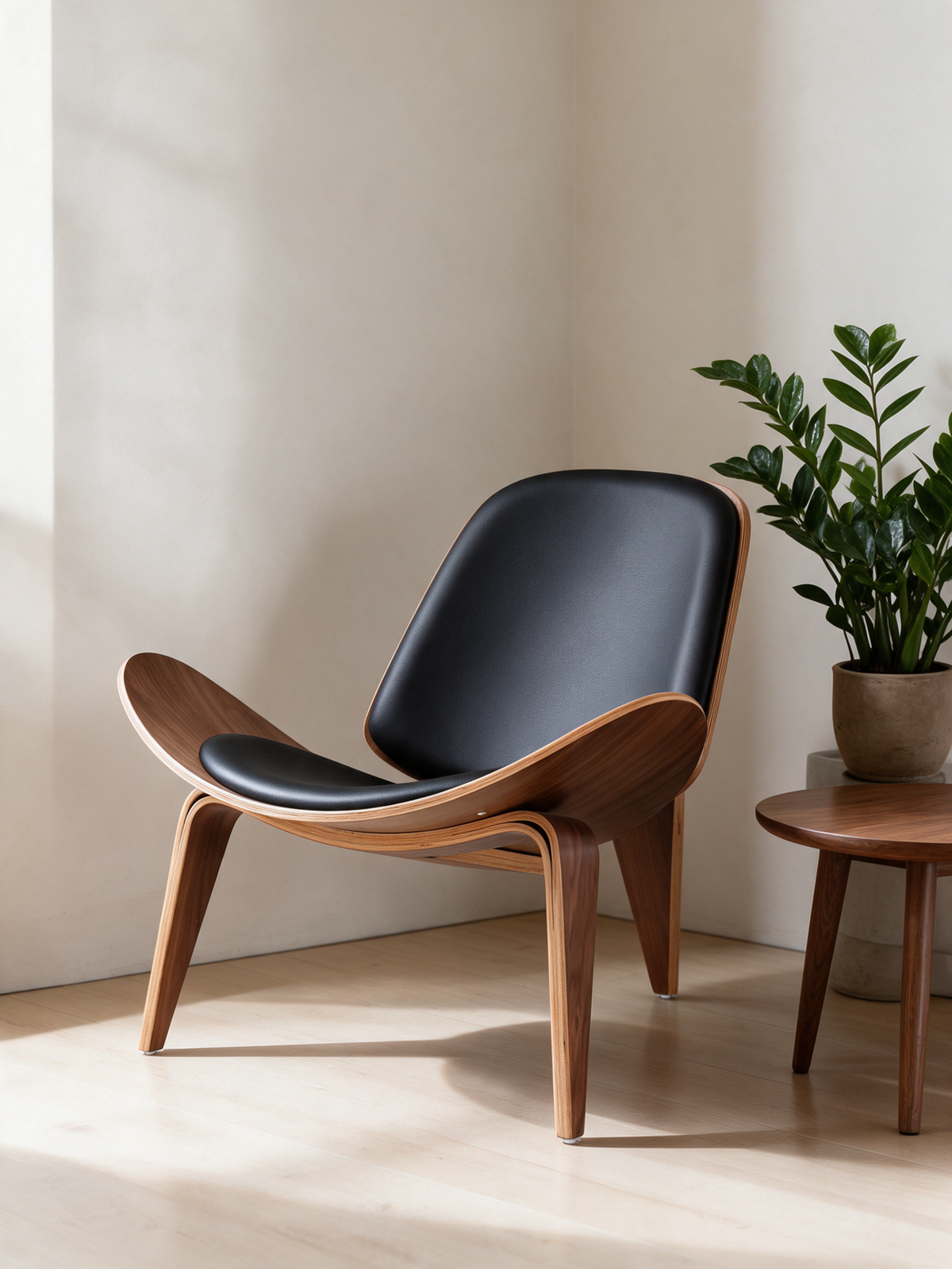 NIORA Walnut lounge chair in a modern lounge corner in daylight