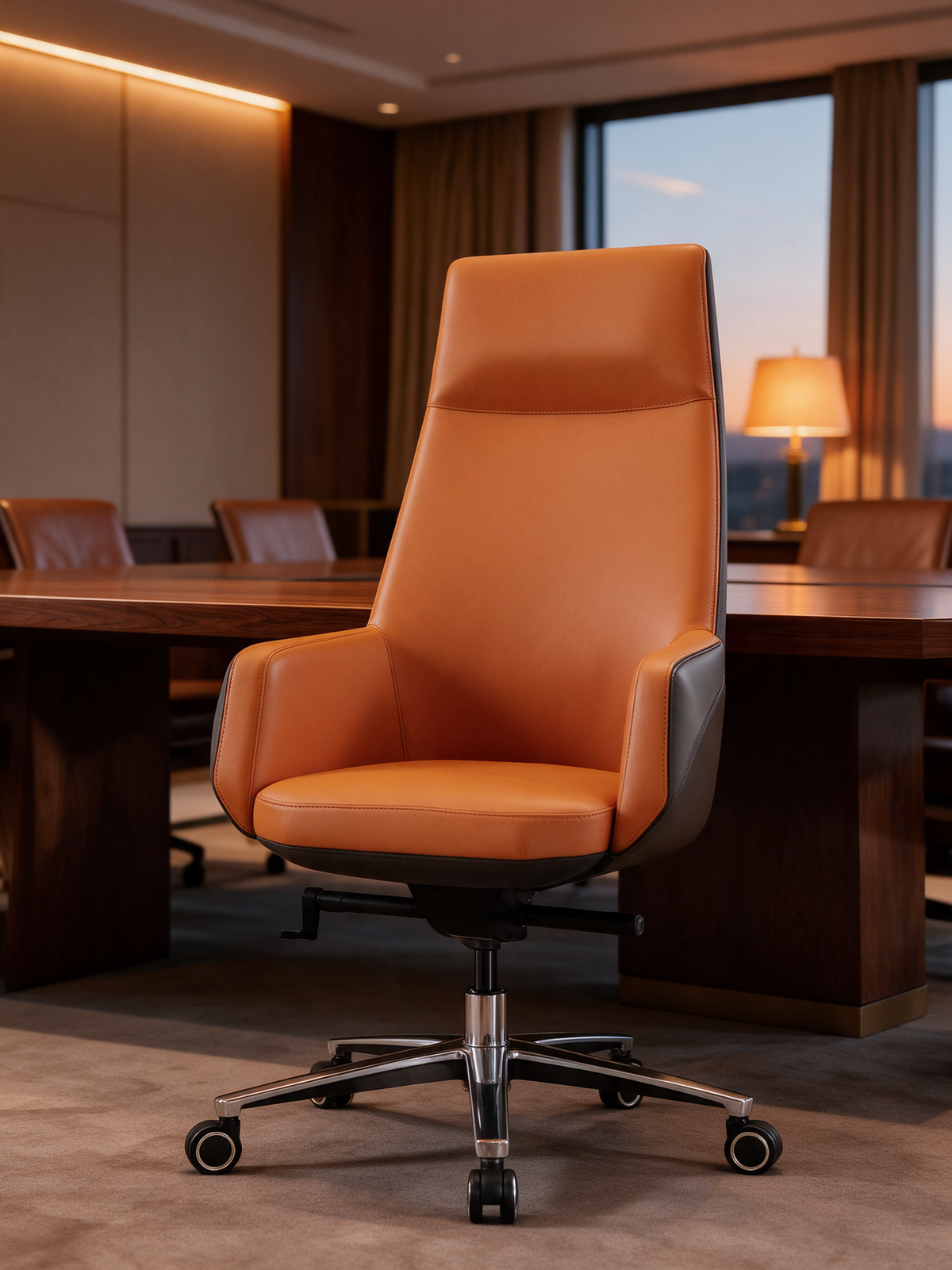 NIORA Luxora High Back board room chair in a premium boardroom in warm evening light