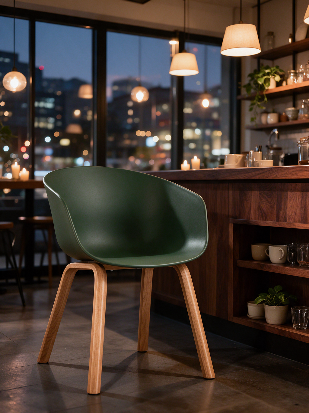 NIORA Ease cafe chair in a modern cafe in warm evening light