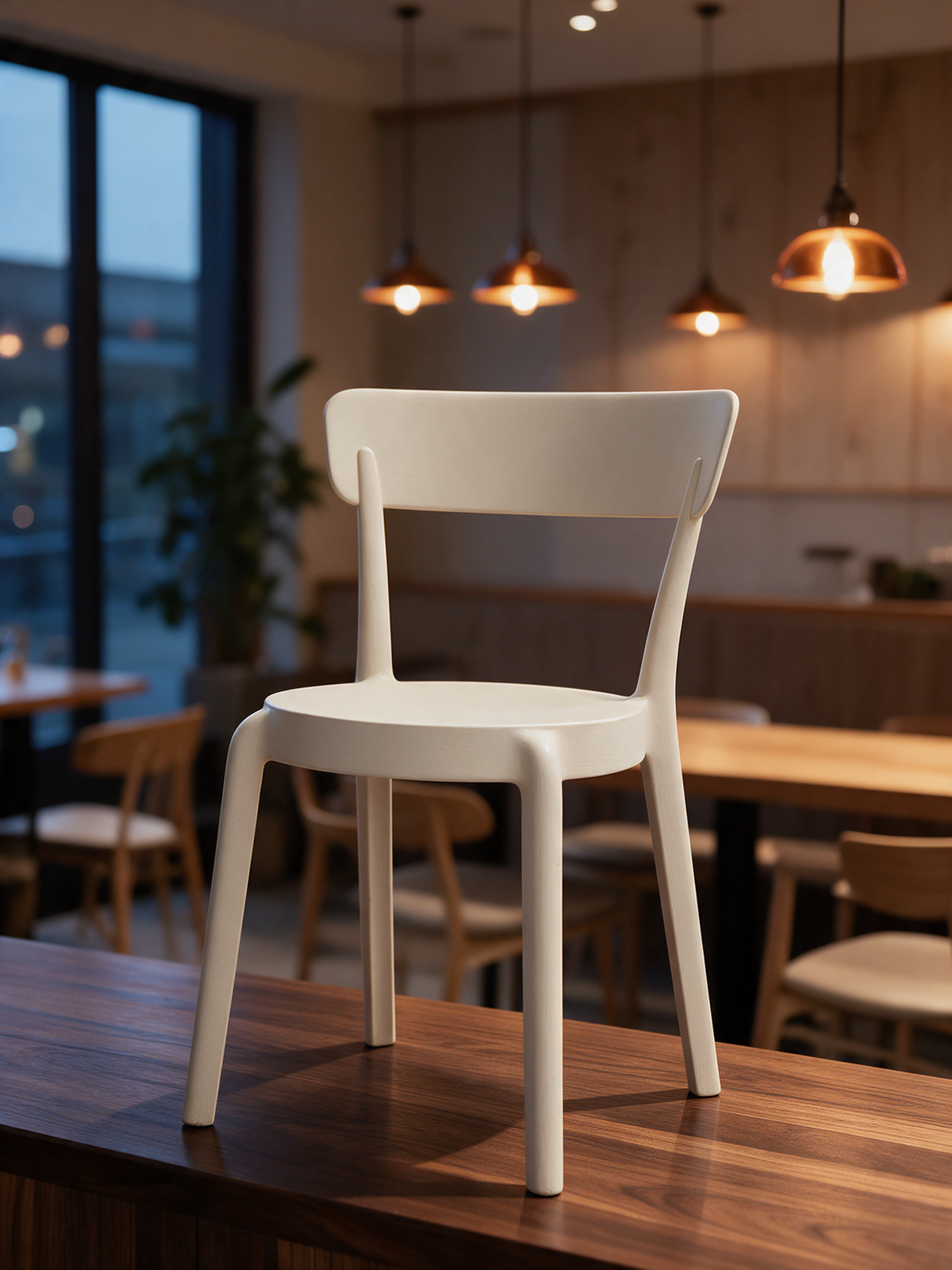 NIORA Serene cafe chair in a modern cafe in warm evening light