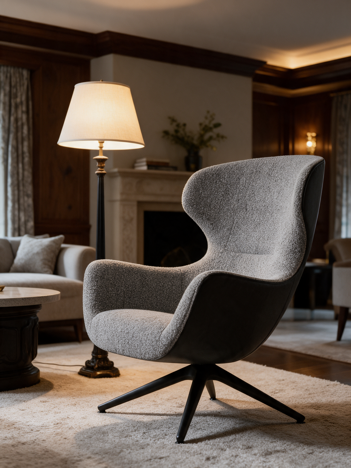 NIORA Plush lounge chair in a hotel lobby in warm evening light