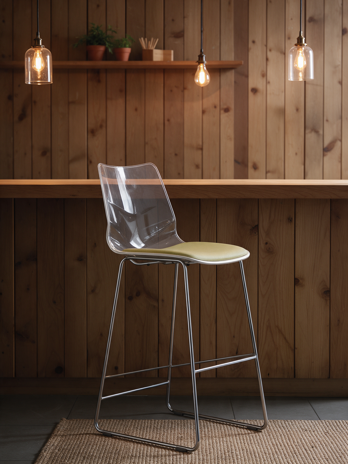 NIORA Arrow High high chair at a bistro counter in warm evening light