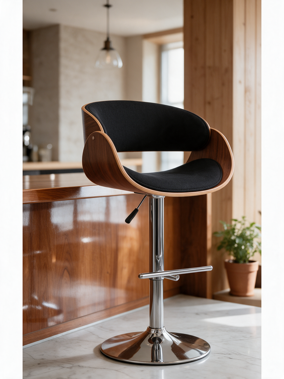 NIORA Spot high chair at a modern bistro counter in daylight