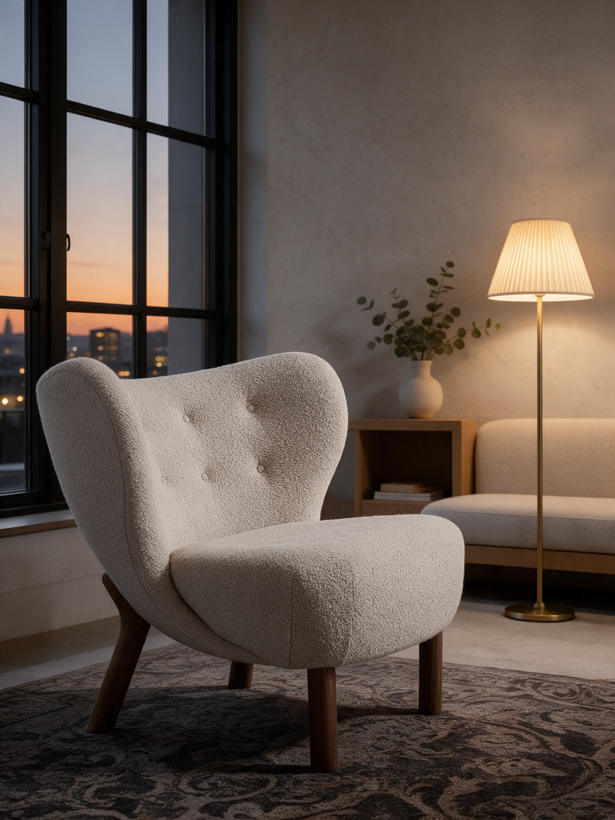 NIORA Arch lounge chair in a hotel lobby in warm evening light