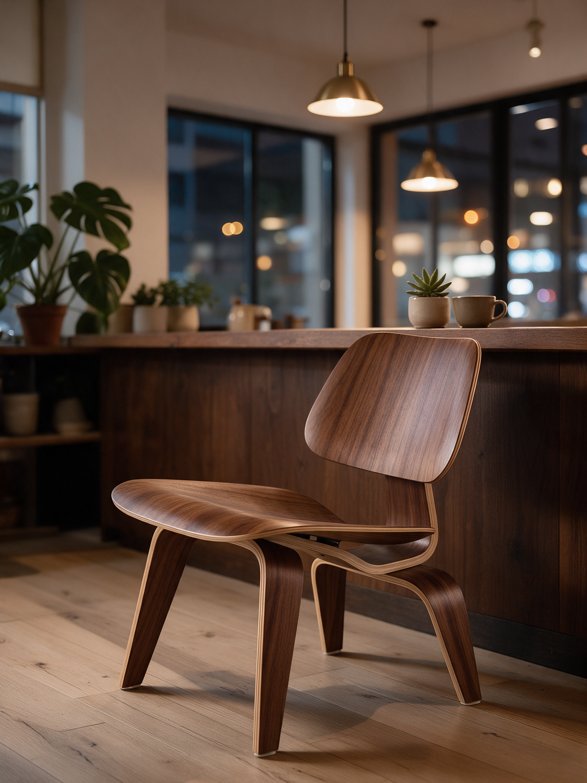 NIORA Cedar Cove cafe chair in a modern cafe in warm evening light