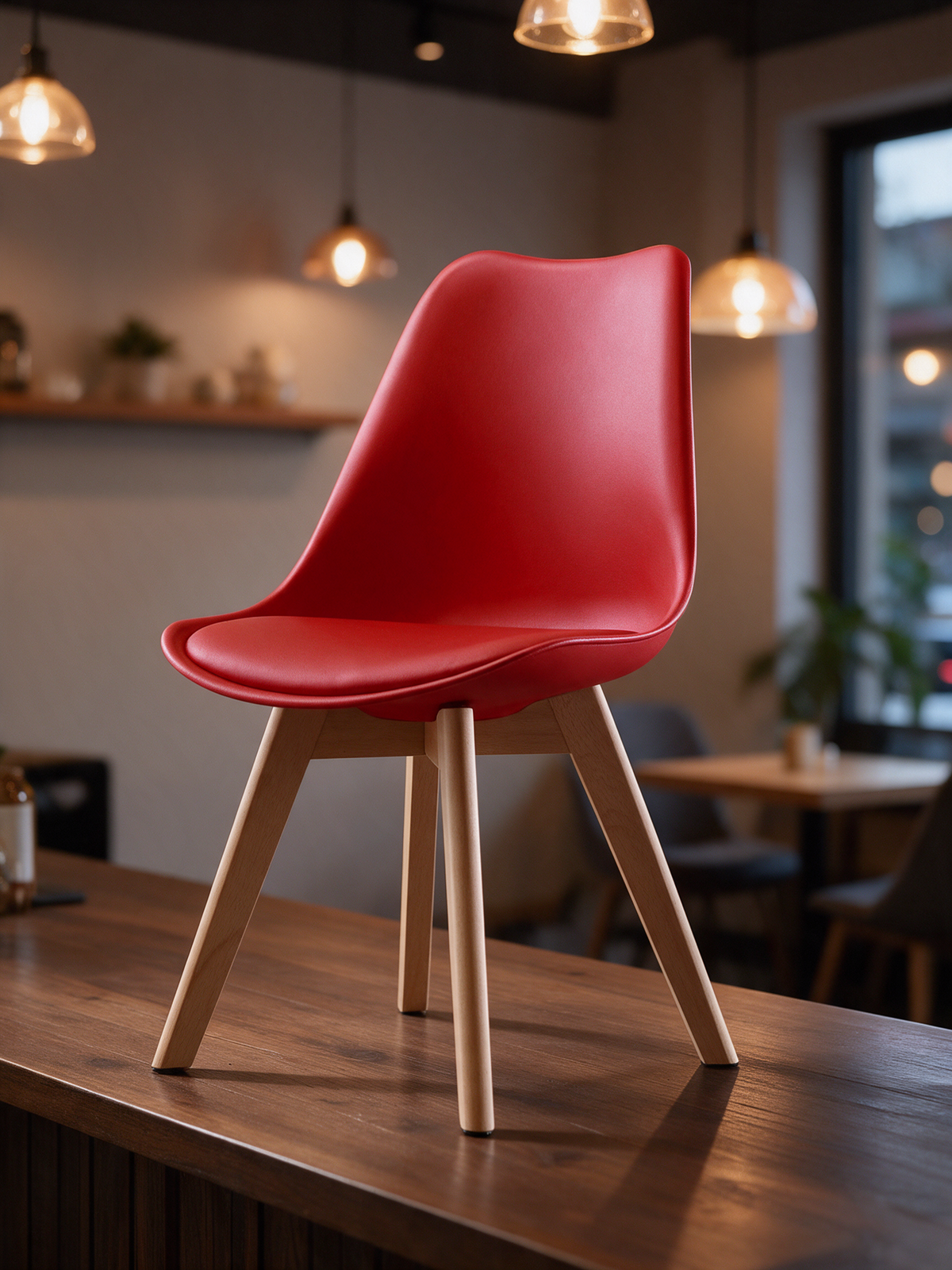 NIORA Island cafe chair in a modern cafe in warm evening light