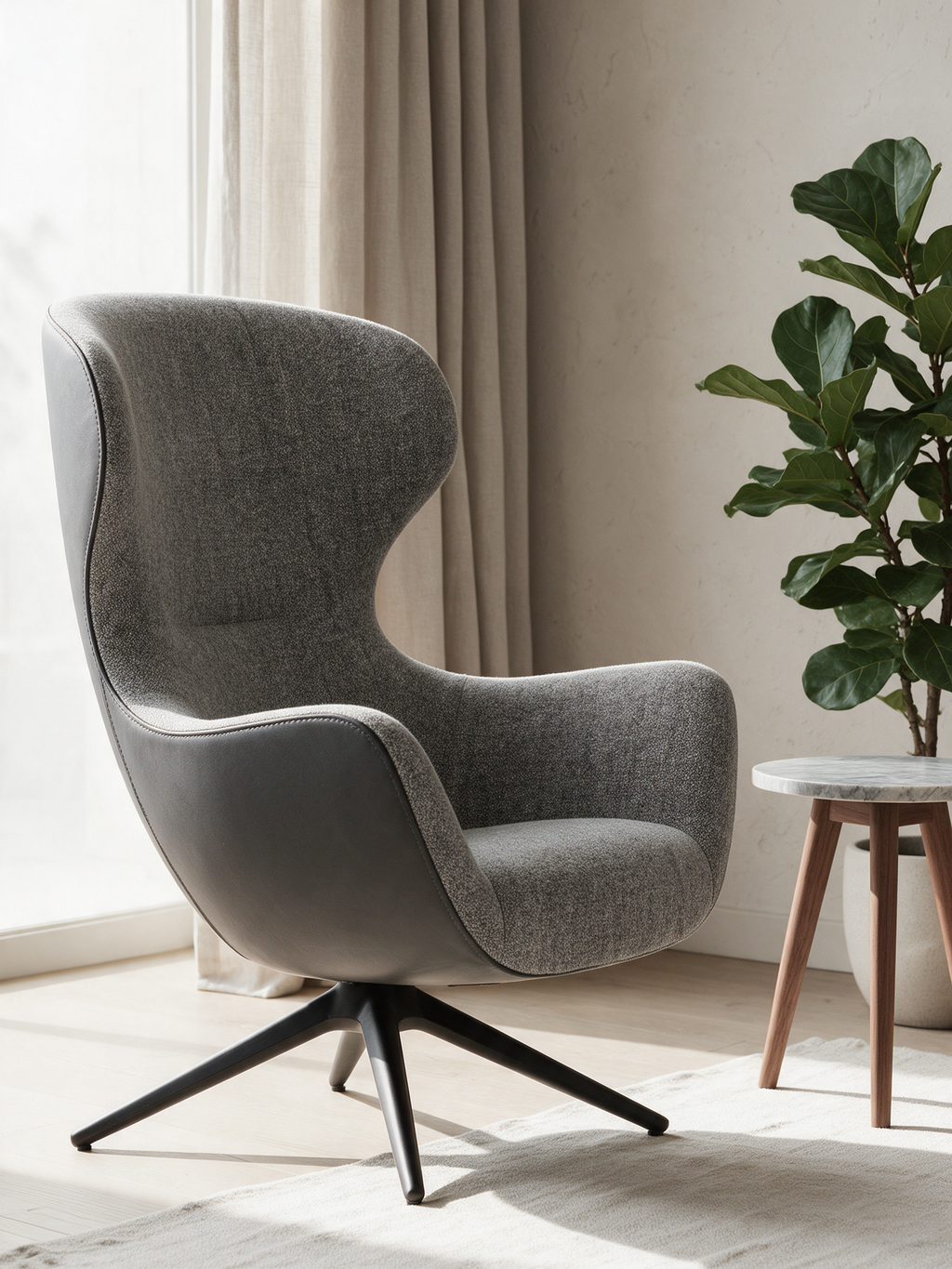 NIORA Plush lounge chair in a modern lounge corner in daylight