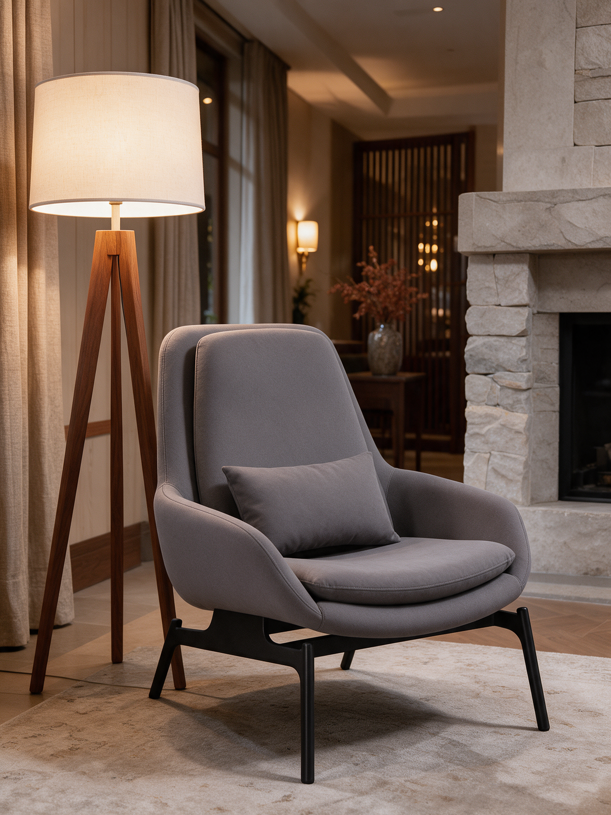 NIORA Slide lounge chair in a hotel lobby in warm evening light