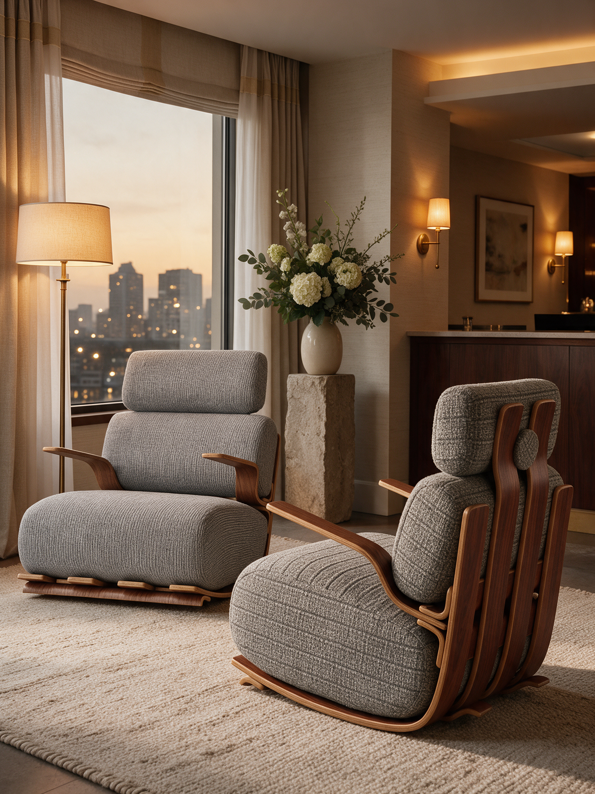 NIORA Eclipse lounge chair in a hotel lobby in warm evening light